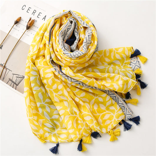 Chal Foulard de Algodón y Lino con Estampado de Hojas de Uva y Borlas - Image 15