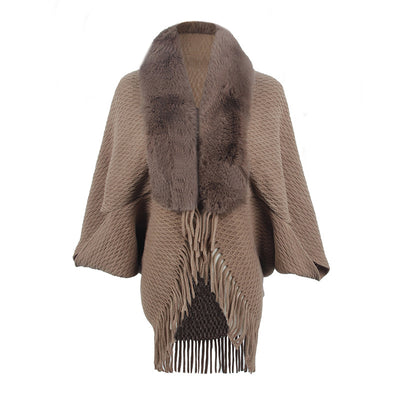Capa Abrigo Tejida con Cuello de Piel y Borlas para Mujer - Image 7