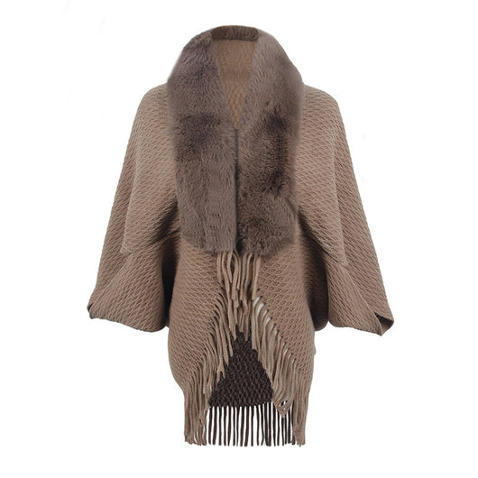 Capa Abrigo Tejida con Cuello de Piel y Borlas para Mujer - Image 7