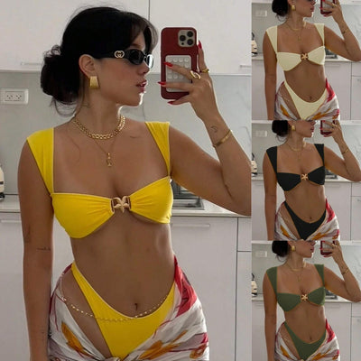 Bright yellow bikini with wide shoulder straps and a gold metal decoration on the top, worn by a woman. - Image 23