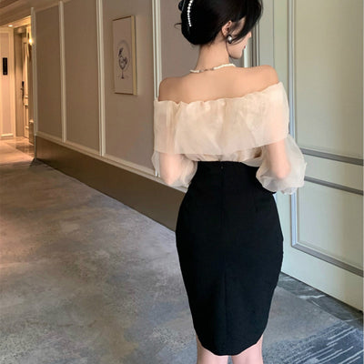 Conjunto Elegante: Blusa Plisada de Manga Larga y Falda de Gasa - Image 2