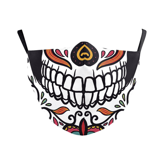 White dust mask with a colorful Day of the Dead sugar skull design, featuring a skeletal mouth and floral accents. - Image 30