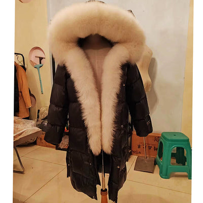Chaqueta de Pato con Plumón y Cuello de Zorro Real - Abrigo Cálido Dorado Negro - Image 10