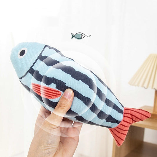 Blue star-spotted fish cat toy with orange fins and tail, 23cm long and 9cm wide, filled with catnip.