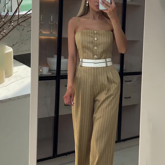 Jumpsuit de Tubo Rayado con Cintura Alta y Hombros Descubiertos - Pantalón Ancho para Mujer - Image 4