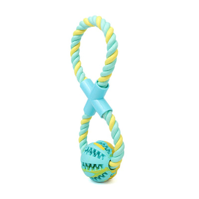 Yellow and light blue figure-eight rope dog toy with a light blue connector and a treat-dispensing rubber ball. - Image 6
