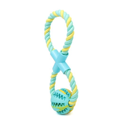 Yellow and light blue figure-eight rope dog toy with a light blue connector and a treat-dispensing rubber ball. - Image 6