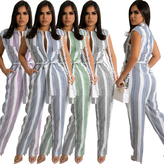 Jumpsuit para Mujer con Estampado de Rayas y Bloques de Color