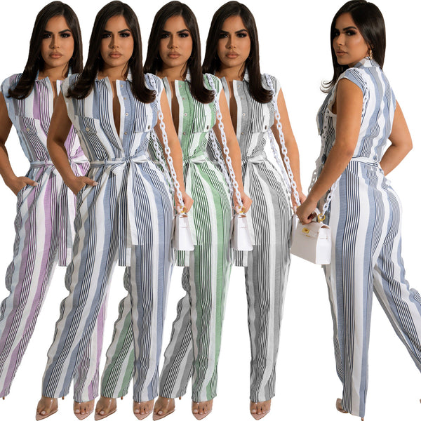 Jumpsuit para Mujer con Estampado de Rayas y Bloques de Color