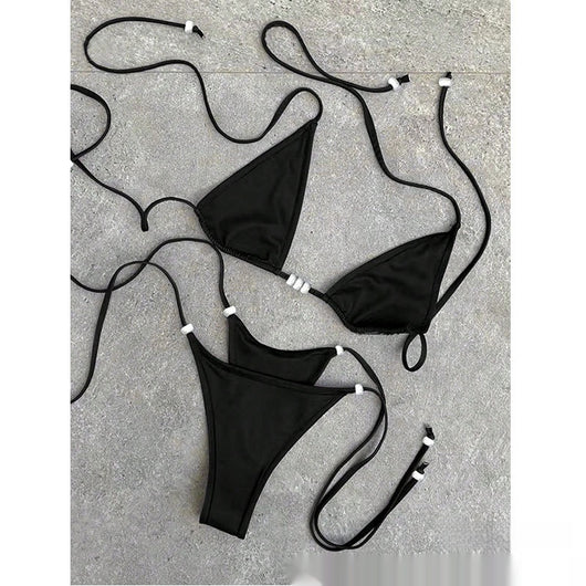 Simple women's brown separated swimwear with triangle top and thong bottom, featuring lace-up ties and light blue beads. - Image 6