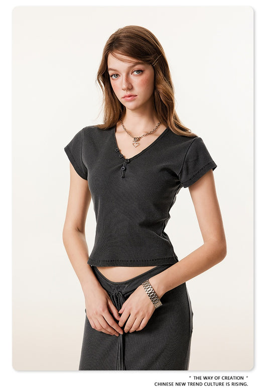 Blusa Retro Americana Slim Fit Cuello V Manga Corta - Image 19