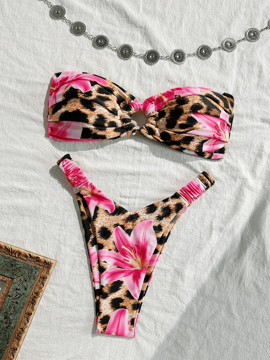 Women's tube top bikini swimsuit with a pink floral and leopard print, featuring a twisted front top and high-cut ruched bottom. - Image 7