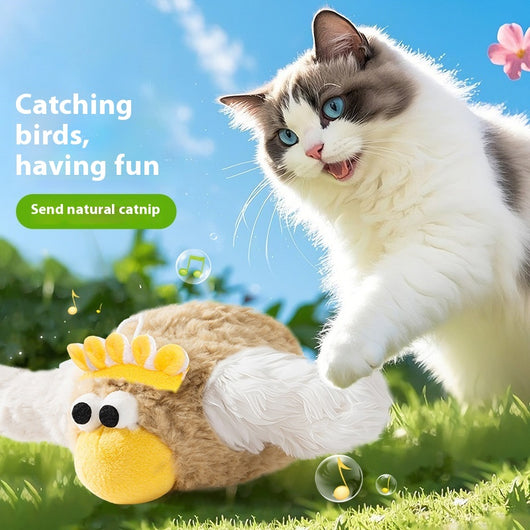 Plush electric bird cat toy with brown body, white wings, yellow beak, and googly eyes. Includes charging cable and catnip.
