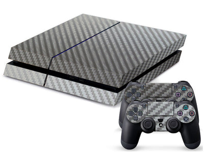 PS4 console and two controllers with a tan and beige carbon fiber sticker applied, featuring a woven pattern. - Image 7