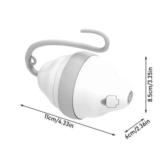 White and grey automatic rolling mouse cat toy with a curved feather teasing stick, showing product dimensions. - Image 2