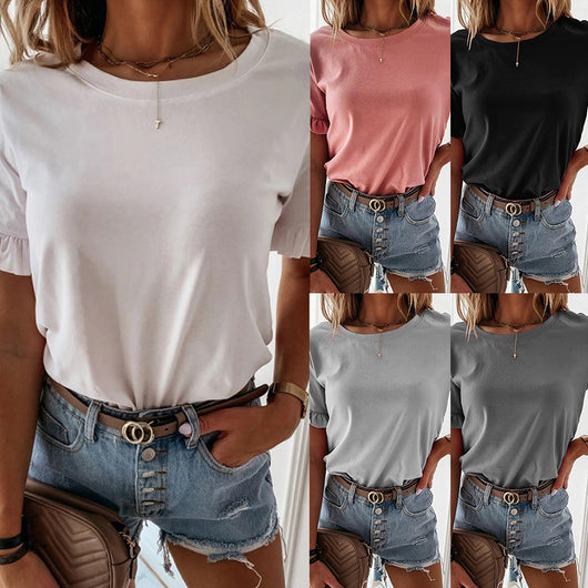 Blusa Clásica de Cuello Redondo con Volantes