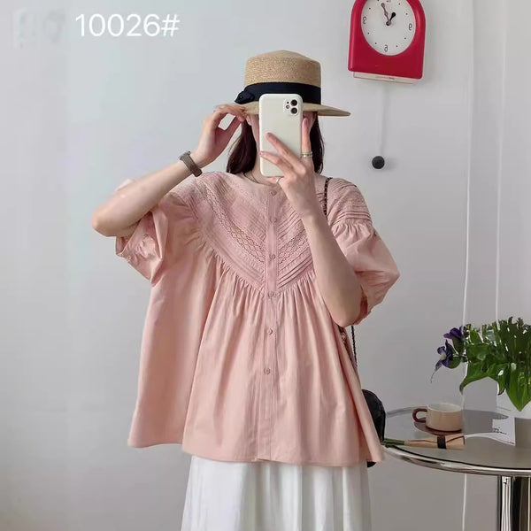 Blusa Clásica de Encaje Cuello Redondo Manga Corta