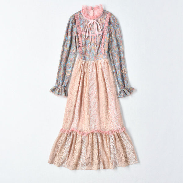 Vestido Maxi con Cuello Alto, Encaje Loto y Estampado Patchwork - Image 5