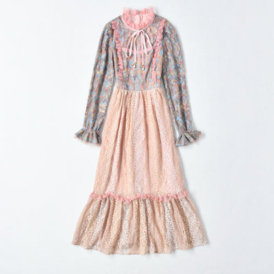 Vestido Maxi con Cuello Alto, Encaje Loto y Estampado Patchwork - Image 5