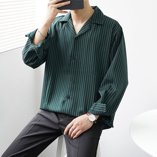 Camisa Cubana de Rayas Manga Larga Suelta con Cuello Abierto