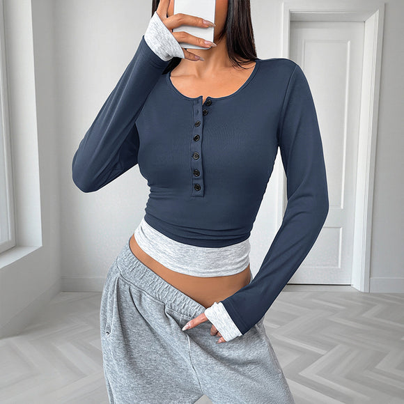 Blusa Casual Cuello Redondo Ajustada Manga Larga Efecto Dos Piezas para Mujer