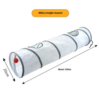 White cat tunnel with dark grey trim, featuring a red and pink hanging toy, measuring 25cm by 50cm. - Image 10