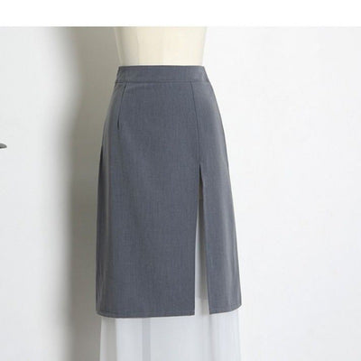 Falda Cintura Alta con Abertura Doble Capa - Gris Elefante y Blanco Perla - Image 4