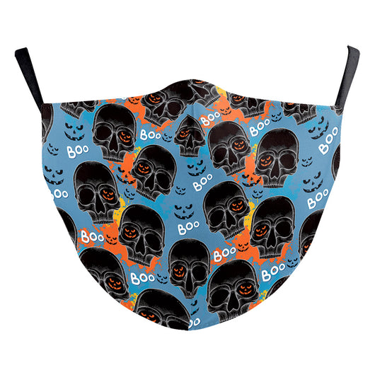 Blue double-layer ear-hanging face mask with a colorful Day of the Dead and cartoon skull pattern. - Image 21
