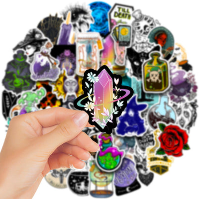 50 waterproof PVC stickers featuring occult, witchy, and mystical designs, including a prominent sun and moon face. - Image 11