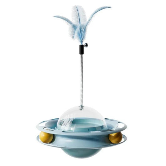 Yellow UFO tumbler cat toy with rolling balls, a clear dome, and a spring-mounted feather wand with a bell. - Image 4