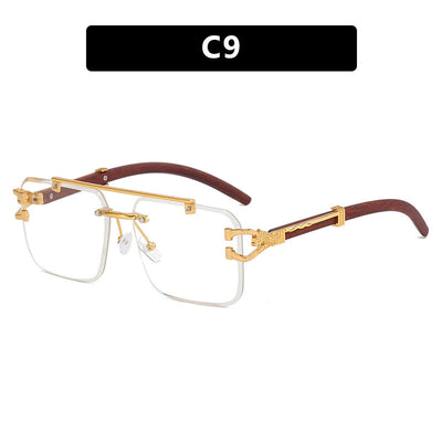 Pink gradient frameless square sunglasses with a double beam, gold-tone hardware, and dark wood-look temples. - Image 10