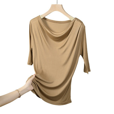 Blusa de Seda Plisada Elegante Manga Corta - Image 2