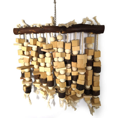 Colorful wooden parrot bite toy with a natural branch hanger and multiple strings of beads and blocks. - Image 7