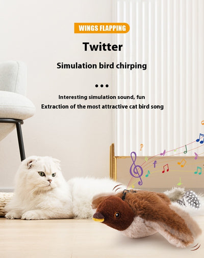 Electric simulation bird cat toy with black and white speckled plush body, olive green head, and feathered tail. Includes a black sling for hanging and USB char - Image 16