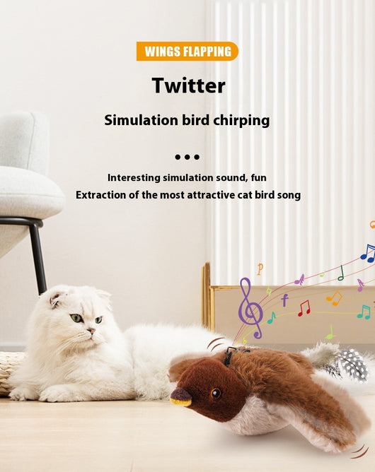 Electric simulation bird cat toy with black and white speckled plush body, olive green head, and feathered tail. Includes a black sling for hanging and USB char - Image 16