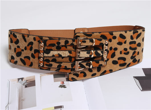 Cinturón de Leopardo Irregular con Crin de Caballo - Diseño Versátil Tres Hebillas