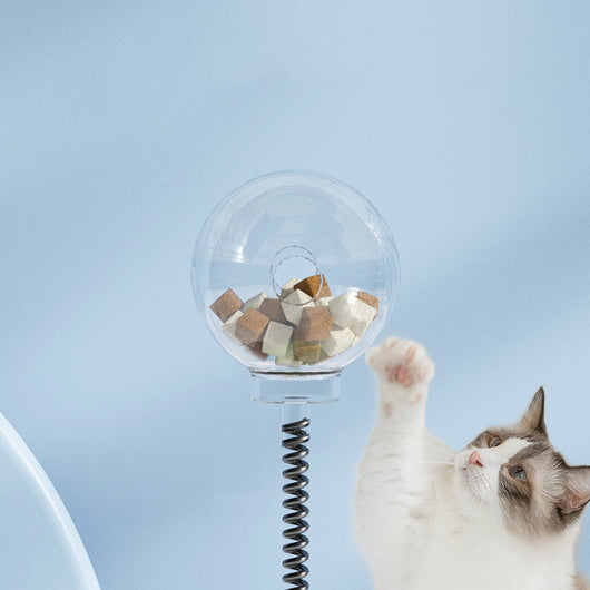Mint green and dark green cat leakage food toy with a clear spherical treat dispenser on a black spring. - Image 13