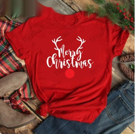 Red women's t-shirt with "Merry Christmas" text and three Christmas trees, featuring buffalo plaid and leopard print. - Image 6