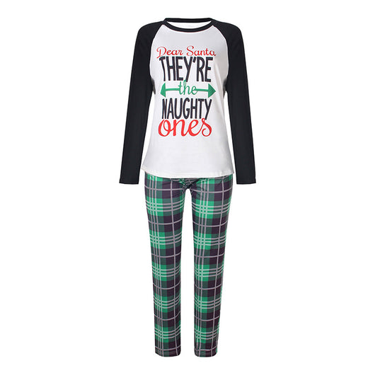 Family matching Christmas pajamas with "Dear Santa They're the Naughty Ones" print and green plaid pants. - Image 4
