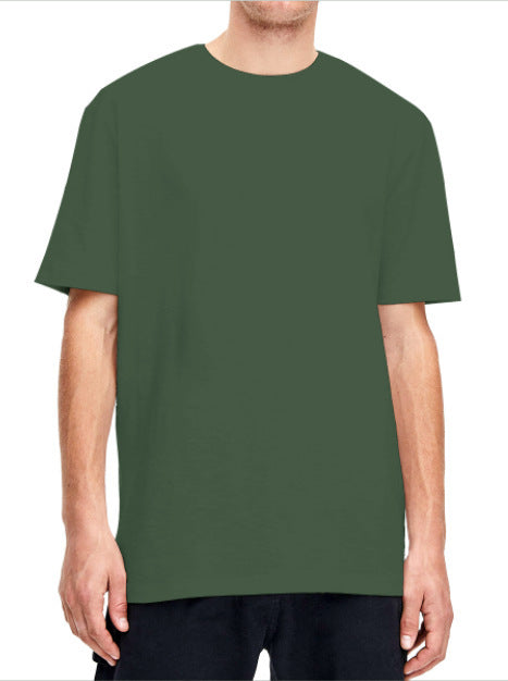 Plain light beige short-sleeved crew neck t-shirt made of cotton, shown on a model. - Image 32