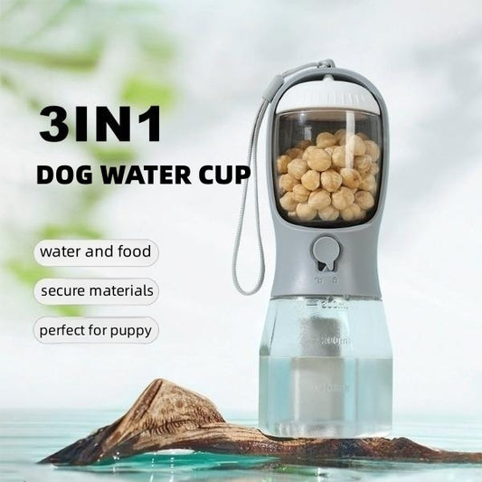 Purple 3-in-1 portable pet water bottle with food compartment, waste bag dispenser, and lanyard. - Image 2