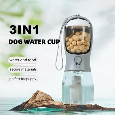 Purple 3-in-1 portable pet water bottle with food compartment, waste bag dispenser, and lanyard. - Image 2