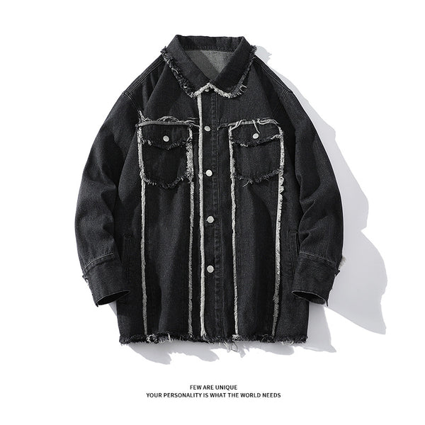 Chaqueta Denim Holgada con Bordes Deshilachados - Estilo Urbano Casual