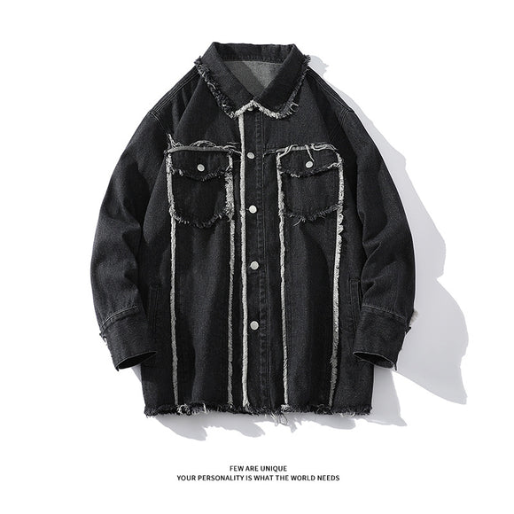 Chaqueta Denim Holgada con Bordes Deshilachados - Estilo Urbano Casual