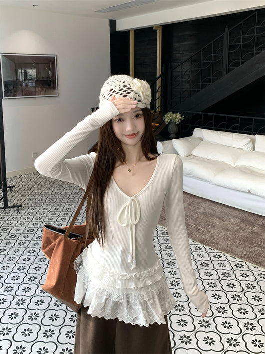 Blusa Larga Ajustada con Cuello V y Detalles Combinados para Mujer - Image 11