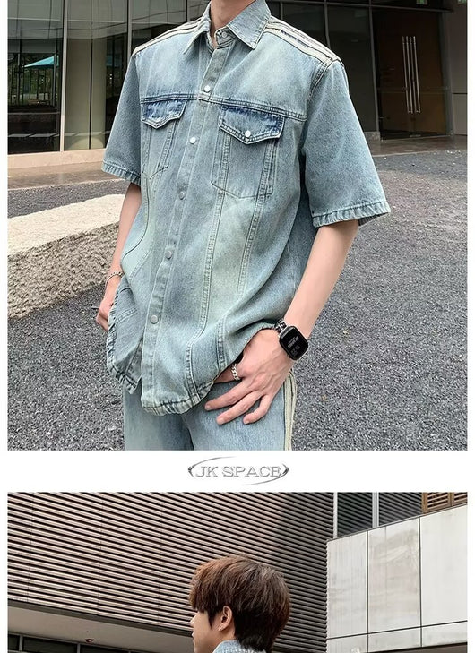 Camisa Denim Retro con Tres Rayas Laterales para Hombre - Image 26