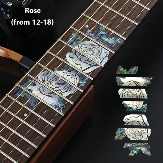 Blue cloud-shaped inlay stickers for guitar fingerboards, shown on a guitar neck and as a full sheet. - Image 22