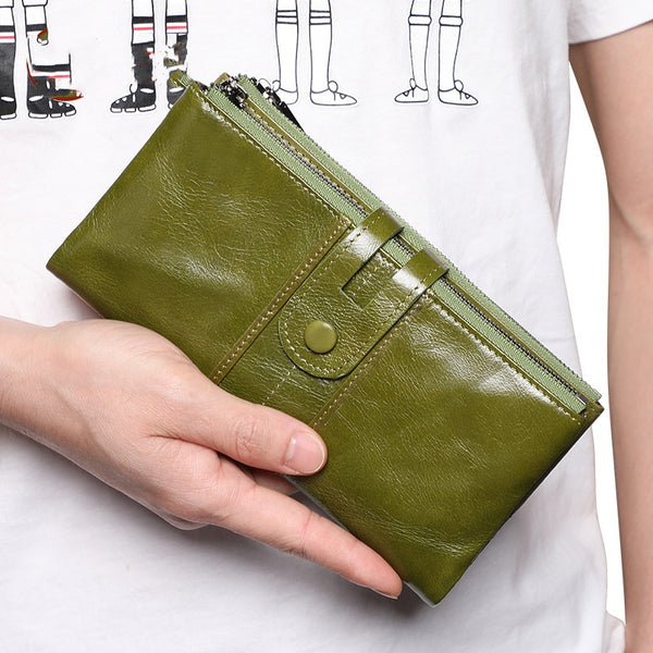 Cartera Larga de Cuero para Mujer Estilo Retro con Protección RFID