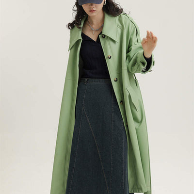 Abrigo Trench de Cuero Verde Medio para Mujer