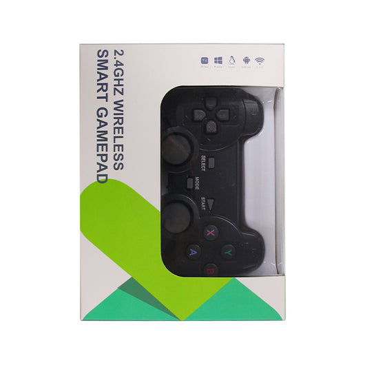 Black 2.4G wireless gamepad with USB receiver, USB-C adapter, and phone clip for Android TV, PC, and STEAM. - Image 3